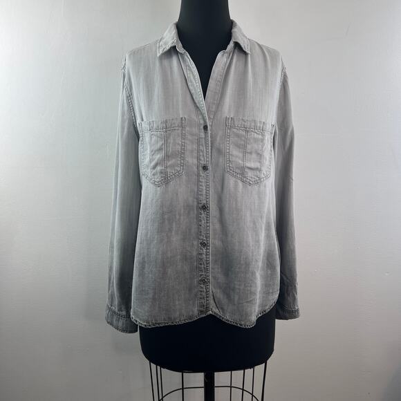 BELLA DAHL Heather Gray Top Denim Collar Roll Tab Sleeve Button-Up Size M Medium - Picture 3 of 10